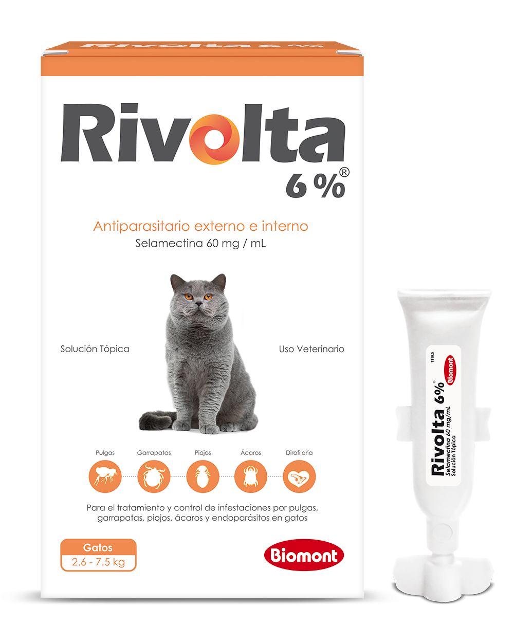 Rivolta 6% (gatos 2.6-7.50kg) pack x 5 pipetas x 0.75 mL
