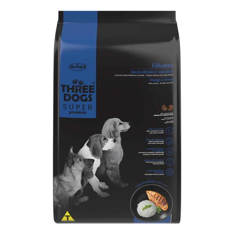 Three Dogs Super premium cachorro razas medianas y grandes pollo y arroz saco x 15 kg