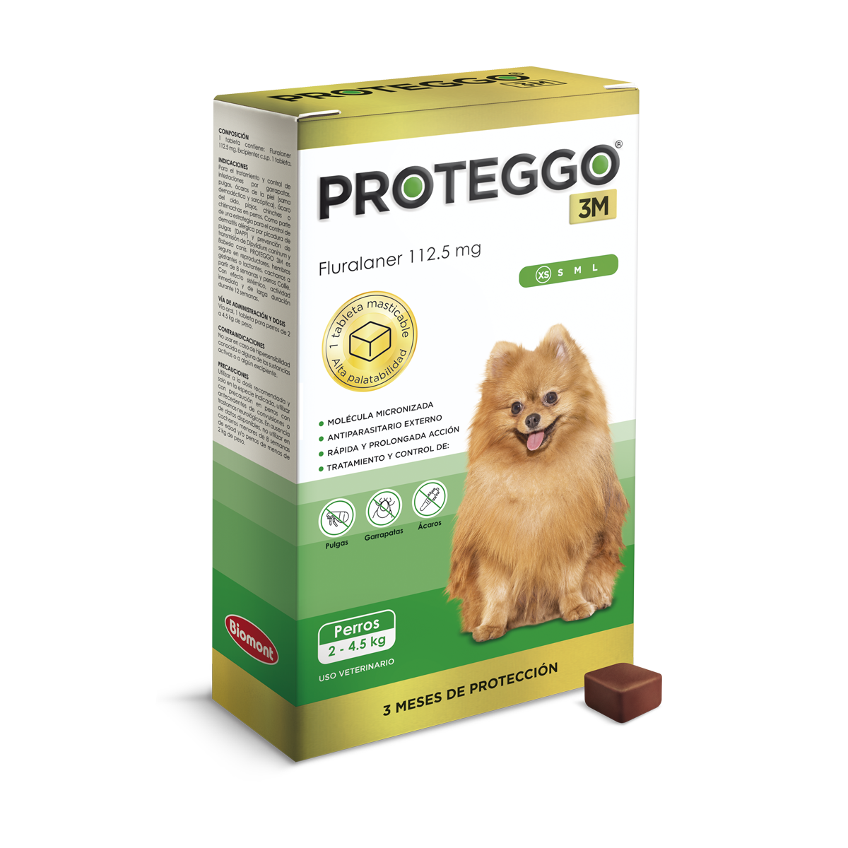 Proteggo 3M (Fluralaner) 112.5mg 2 - 4.5kg x unidad (verde)