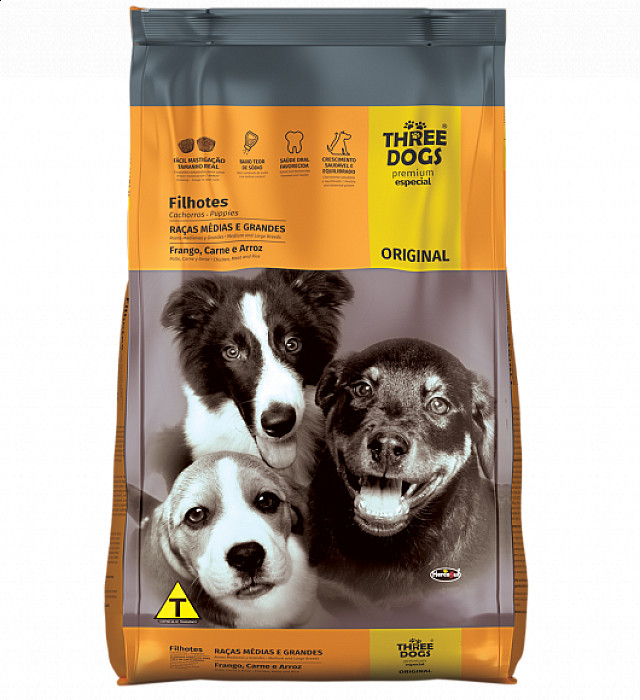 Three dog premium cachorro razas medianas y grandes pollo, carne y arroz saco x 10kg