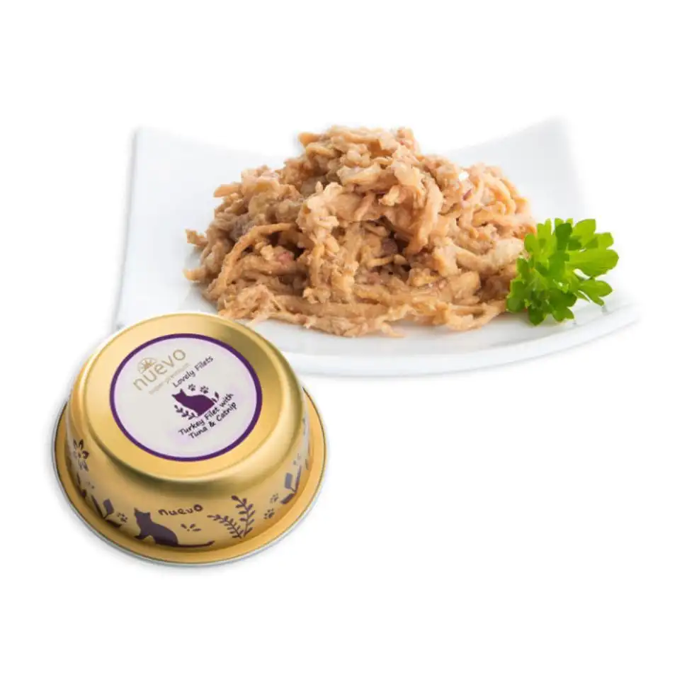 Nuevo Super Premium Gato Adulto Filete de Pavo con Atún, Hierba gatera y Aceite de linaza lata x 85gr